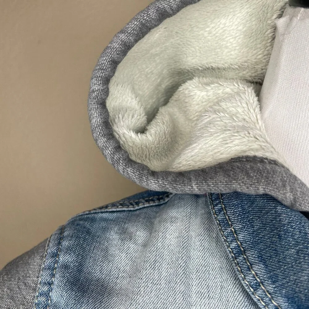 Vigoss Girls Hooded Denim Jacket Size 10 Patches Sherpa Lined Mixed Media